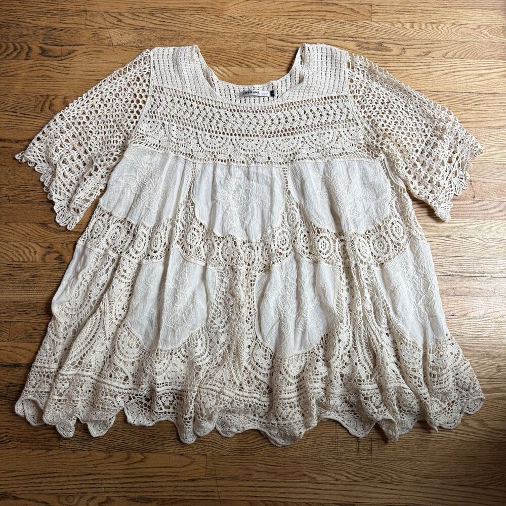 Origami By Vivien Tunic Top Womens OS Boho Cottage Babydoll Crochet Prairie Fair
